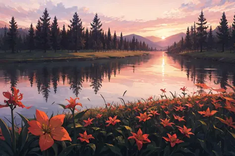 masterpiece,best quality,lycoris,flower field,depth of field,dusk,orange sky,sunset,glow,lake