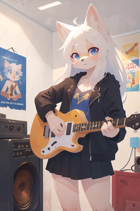 1girl, solo, electric guitar, black jacket, black skirt, anthro cat girl, long white hair, indoor, posters, movie posters, amps,...