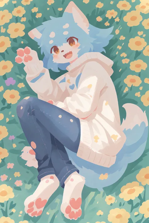 1girl, solo, white sweater, jeans, lying, flower field, paw pads, :D, (best quality, masterpiece, illustration, ultra-detailed:1...
