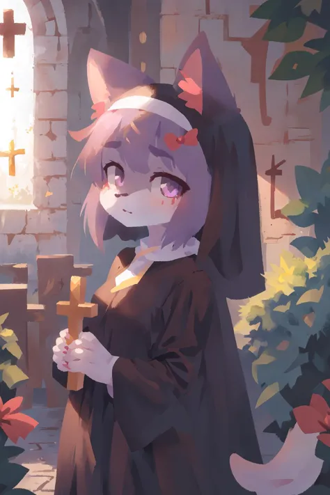 1girl, solo,  outside, (in the bushes:1.1), anthro cat girl, looking at viewer, (best quality, masterpiece, illustration, ultra-detailed:1.3), (anthro, furry, kemono:1.3)
masunya, cat ears, (purple skin color:1.1), (hair bow:1.1), highly detailed, <lora:Masunya_masyunya_civit_V2:1>
 (in the CHURCH:1.3), holding CROSS, nun dress,