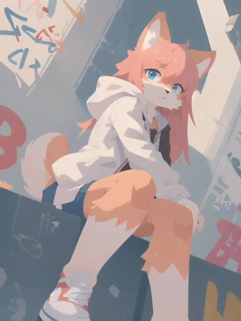 1girl, solo, (graffiti:1.3), sitting on stairs, short shorts, white jacket, white fur, white shoes, long hair, (tilted angle, du...