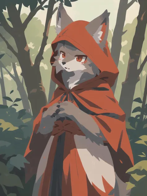 1girl, grey wolf girl, red riding hood, red hood, forest, child, bushes, cowboy shot, (best quality, masterpiece, illustration, ...