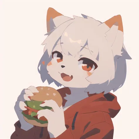 1girl, solo, holding a burger with two hands, bob cut, short hair, :d, cat girl, white fur, portrait, red hoodie, (best quality,...
