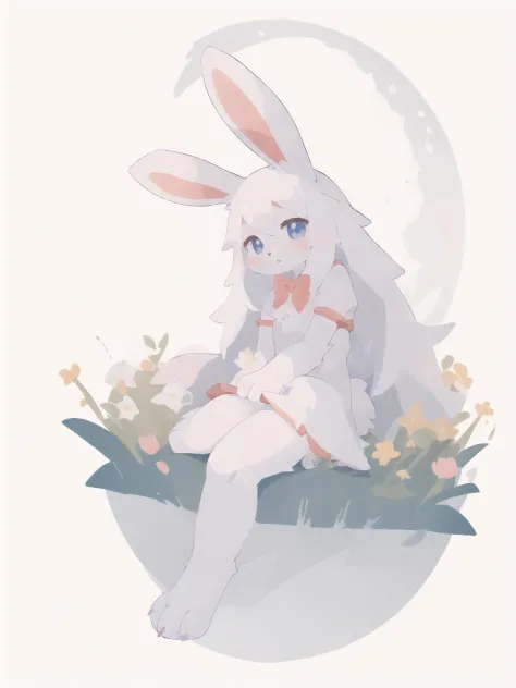1girl, solo, (white background:1.3), (rabbit girl, rabbit ears:1.3), white dress, white hair, long hair, looking at viewer, (sit...