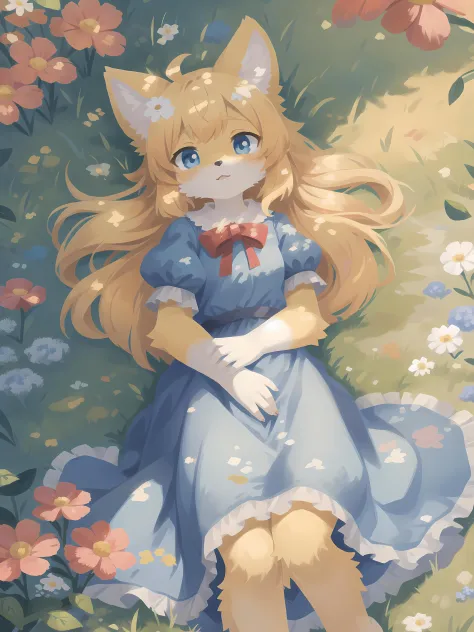 1girl, solo, dog girl, yellow fur, yellow hair, dog ears, long hair, bow, blue dress, (from above:1.3), lying, outdoors, cobbles...