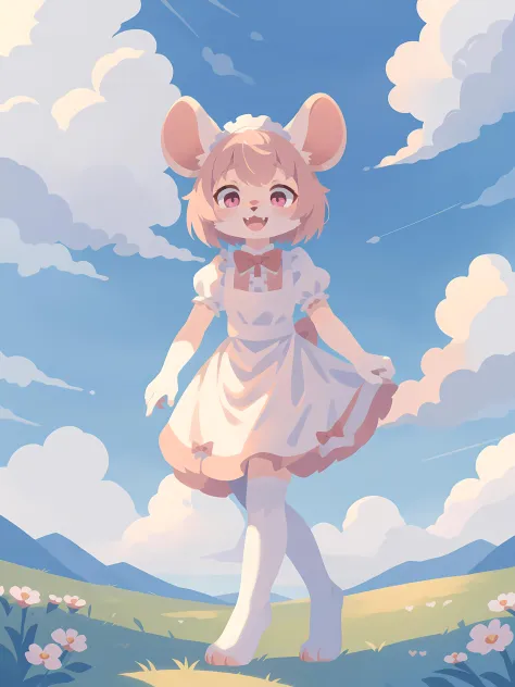 1girl, solo, maid, mouse girl, mouse ears, fang, :D, outdoors, white stockings, short hair, bob cut, full body, clouds, sunlight, bows, pink eyes, (best quality, masterpiece, illustration, ultra-detailed:1.3), (uploaded on e621, furry, anthro, kemono:1.3)