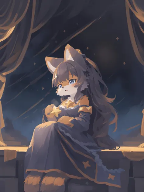 1girl, solo, star \(symbol\), (holding a star:1.3), dark environment, dress, sitting,, (best quality, masterpiece, illustration, ultra-detailed:1.3), (uploaded on e621, furry, anthro, kemono:1.3)