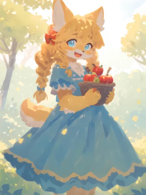 1girl, solo, twintail, twin braids, bow, apple, :d, looking at viewer, holding basket of apples, (blue dress), yellow hair, outd...