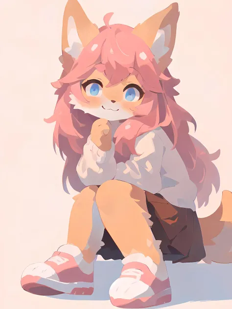full body, white sweater, long brown skirt, long hair, pink fur, pink hair, (white background:1.3), sneakers, looking at viewer,...