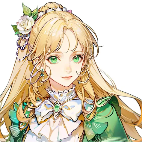 anime girl with long blonde hair and green eyes wearing a green dress