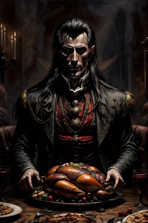 masterpie best quality, <lora:strahd_v10:1> Strahd von Zarovich, vampire, long hair,  jewelry, 1boy, a man sitting at the thanksgiving dining table, (turkey:1.2), long shot, (big table:1.3)