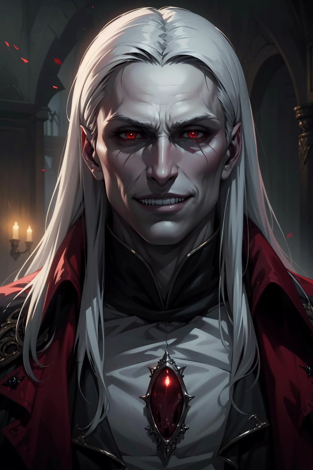 (masterpiece, best quality, highres, high resolution:1.2), extremely detailed, realistic, intricate details, 1boy, vampire:1.5, evil smile, canines, fangs, sharp teeth, (extremely pale white skin), (red eyes), solo, looking at viewer,  Strahd von Zarovich, long hair, (cinematic lighting, bloom, volumetric), 