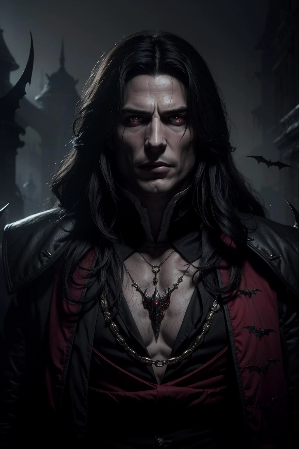 (masterpiece, best quality, highres, high resolution:1.2, cowboy shot, castlevania \(netflix\)), extremely detailed, realistic, intricate details, (1boy, male:1.4, actor Henry Cavill), virile, vampire:1.5, ((evil grin)), very long canines, vampiric fangs, sharp teeth, (extremely pale skinned male), (glowing red eyes), solo, looking at viewer,  Strahd von Zarovich, (black) long hair, bat \(animal\), white mist, dark atmosphere, horror, fear, (cinematic lighting, bloom, volumetric), (realistic skin texture), extremely detailed, intricate, hyper detailed, illustration, high resolution, sharp detail, 