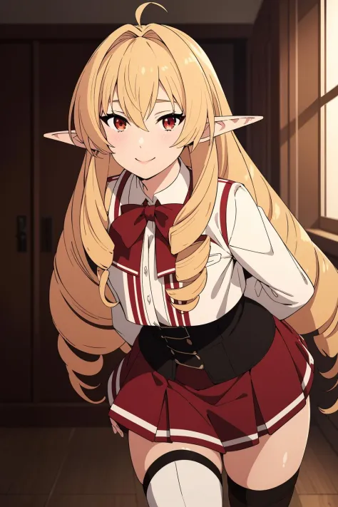 smile,
<lora:elinalise1Ve:0.6>,1girl,solo,blonde hair,very long hair,pointy ears,twin drills,red eyes,solo,ahoge,elf,drill hair,...