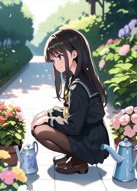 score_9, score_8_up, score_7_up, score_6_up, a girl squatting, from side, pantyhose,black serafuku, smile, watering can,loafers,...