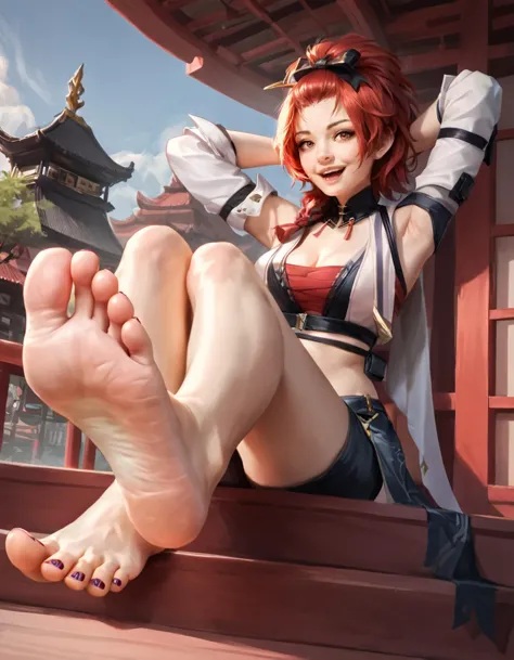 a woman with red hair sitting on a ledge with her feet up