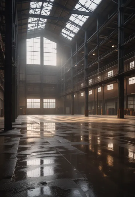 (medium full shot) of inside a quiet deserted industrial warehouse, rainy, natural light filtering in, creaking floors, at dawn,...