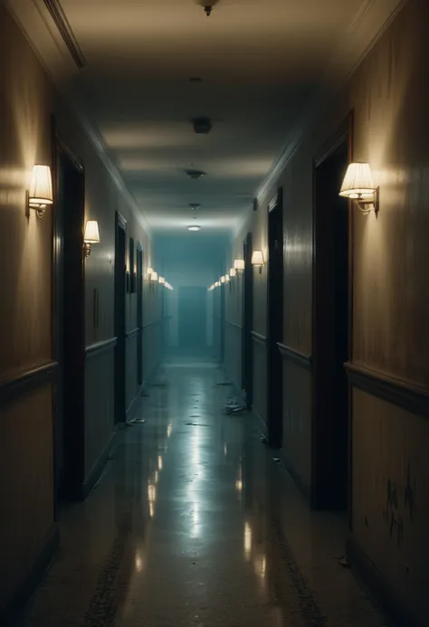 (medium full shot) of inside a unsettling deserted hotel corridors, foggy, shadowy, distant echoes, at twilight, ,masterpiece,be...