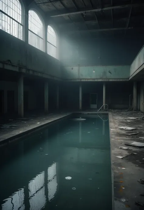 (medium full shot) of inside a eerie abandonned empty swimming pool, misty, flickering light, abandoned items, at night, ,master...