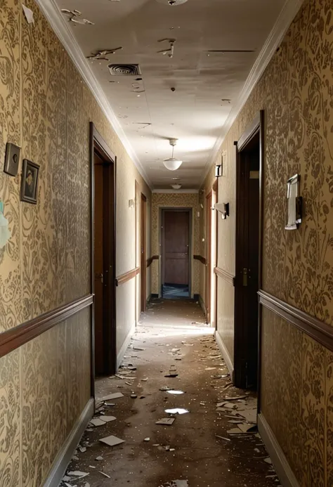 (medium full shot) of inside a forlorn deserted hotel corridors, still, flickering light, peeling wallpaper, at late afternoon, ...