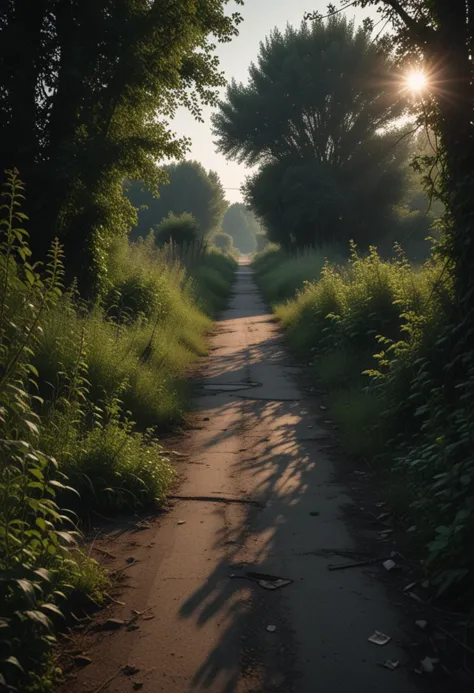 (medium full shot) of inside a eerie abandonned rural road, still, shadowy, overgrown plants, at evening, masterpiece,best quali...