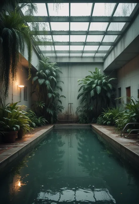 (medium full shot) of inside a unsettling empty swimming pool, rainy, flickering light, overgrown plants, at late afternoon, mas...