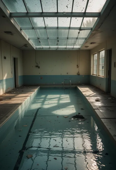 (medium full shot) of inside a nostalgic forgotten swimming pool, drizzly, shadowy, shattered glass, at late afternoon, masterpi...