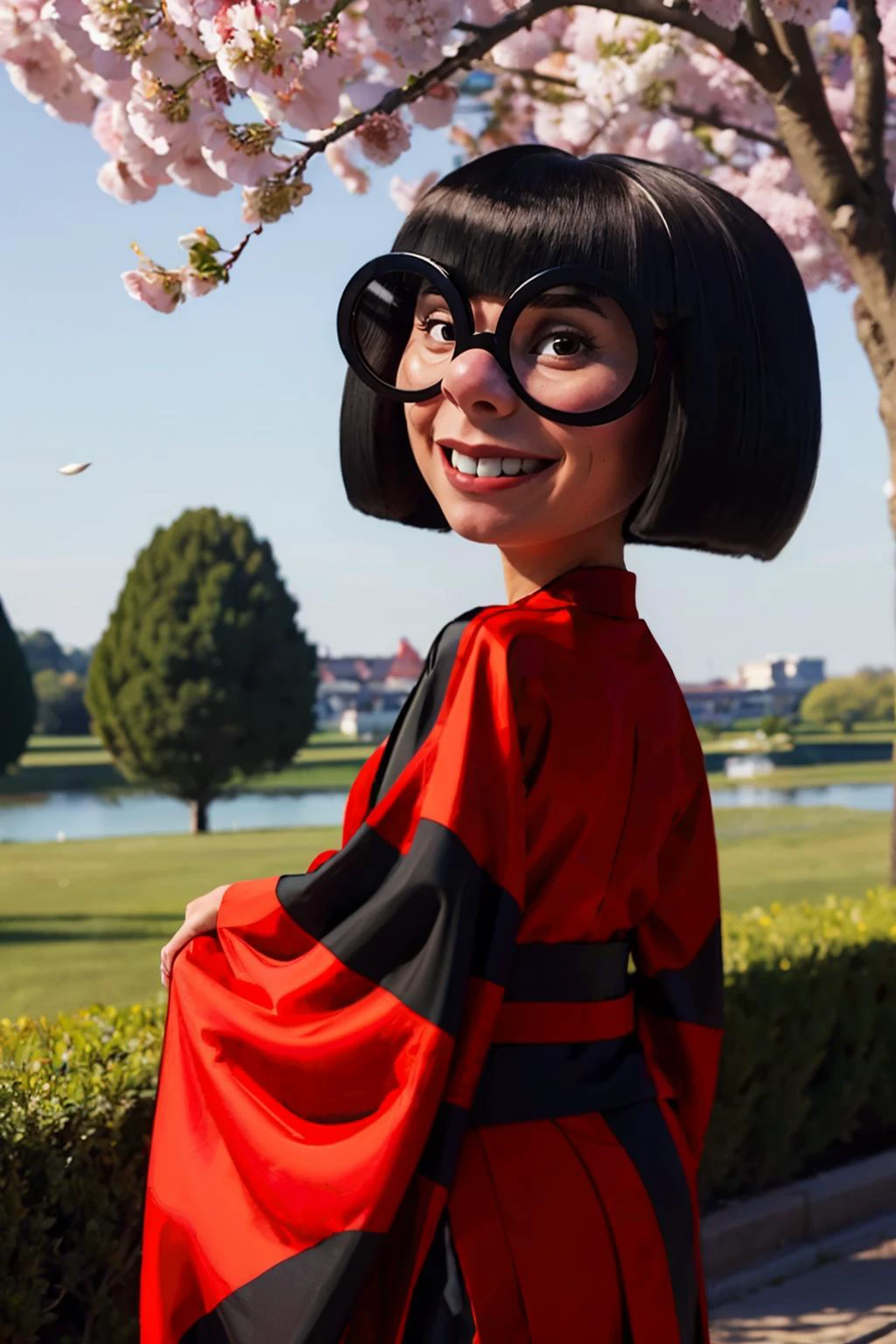 Edna, black bob cut, round black-framed eyewear, black eyes, blunt bangs,red kimono,black sash, looking at viewer, smiling, happy, from_behind, outside, garden, leaning on tree, cherry blossom, mansion, high quality, masterpiece,  
