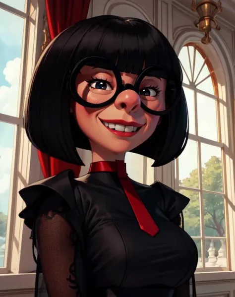 Edna, black bob cut,round black-framed eyewear,black eyes,blunt bangs, solo,
upper body, standing, black dress with red collar, large mansion, windows,
smile, 
(insanely detailed, beautiful detailed face,beautiful detailed eyes, masterpiece, best quality)  solo,  <lora:Edna-10v6:0.7>