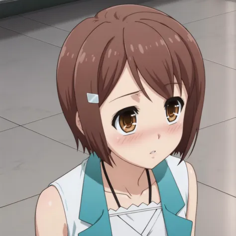 anime girl with brown hair and blue vest standing in a room