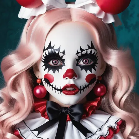 a close up of a woman with a clown makeup and red lips