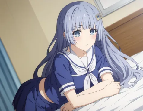 anime girl with long gray hair and blue dress laying on bed