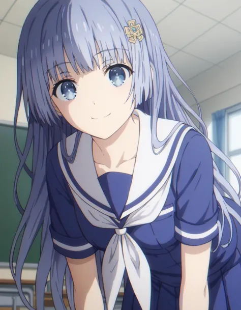 anime girl in a school uniform standing in a classroom