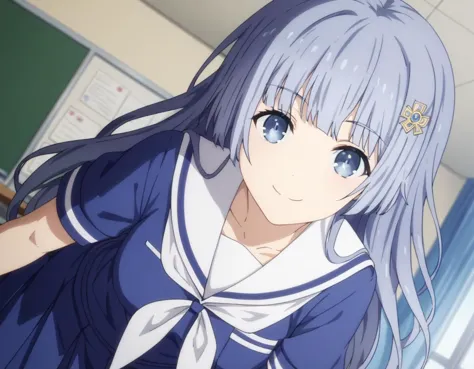 anime girl with long hair and blue dress in a classroom