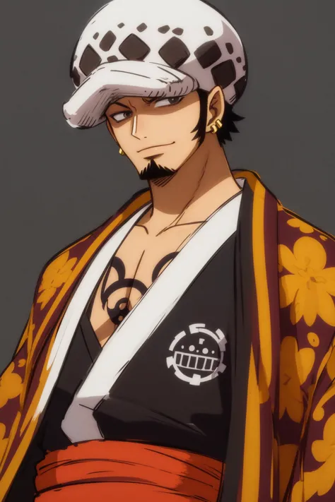 masterpiece, best quality, 1boy, tdlwano, black hair, hat, chest tattoo, earrings, facial hair, long sideburns, goatee, japanese...