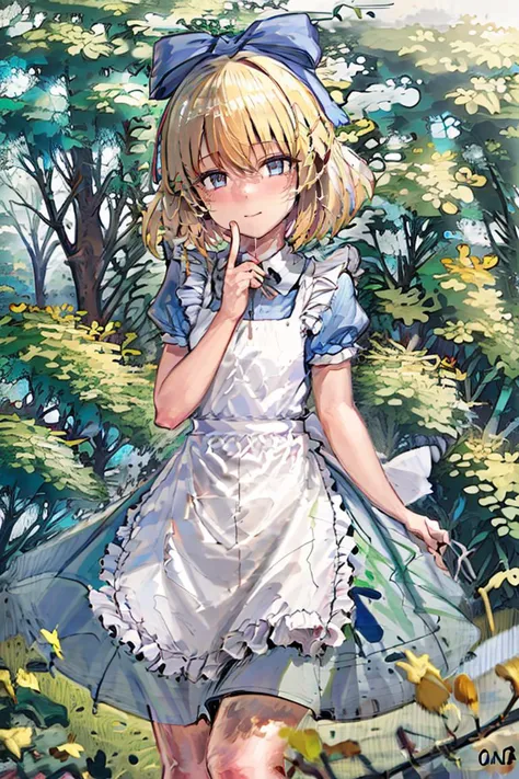 (masterpiece, best quality),1girl, beautiful face,  <lora:alice:1> alice, a cartoon character wearing an alice costume with a full black face, 1girl, apron, blonde hair, alice (alice in wonderland), solo, dress, blue dress, short sleeves, short hair, white apron, nature background, ribbon, outdoors,