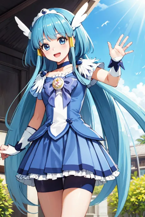 masterpiece,best quality,highres,ultra-detailed,aareika,blue theme,cure beauty,tiara,head wings,aqua hair,long hair,sidelocks,hair tubes,choker,(magical girl:1.3),bowtie,brooch,shirt,blue shirt,short sleeves,wrist cuffs,skirt,frills,bike shorts,bike shorts under skirt,boots,knee boots,white footwear,<lora:aoki_reika:0.9>,outdoors,standing,:d,waving,cowboy shot,