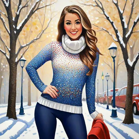 pointilist painting, abstract, pointilism, cute student, tight leggings, late winter, university, <lora:LeParc_AI_LoRA_XL_v2.0-0...