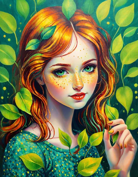 a painting of a girl with freckles and leaves on her head