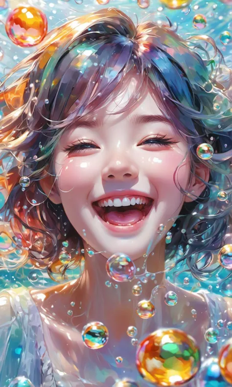a Girl,laughing,Colorful colors,surrounded by water bubbles,in the style of Kawacy,Masterpiece,Oil painting drawn in anime style...