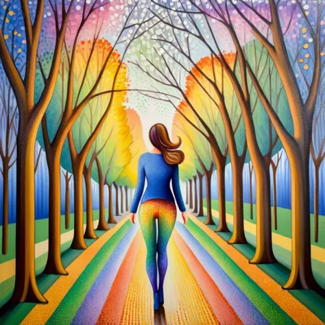 a painting of a woman walking down a path in a park