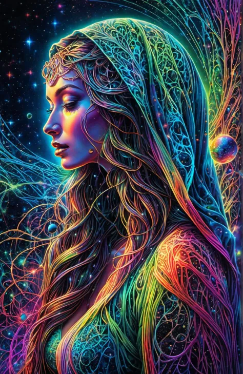 masterpiece, best quality, ultra high res, extremely detailed, (psychedelic art:1.4), woman, veil, visually stunning, beautiful,...