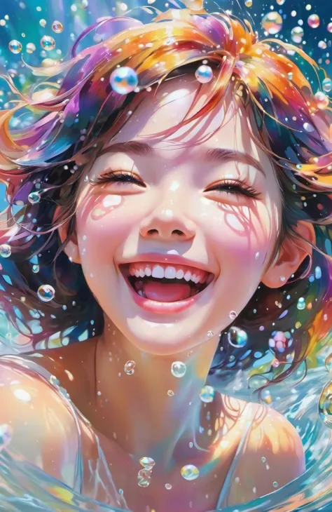 ein Mädchen, Lachen, bunte Farben, umgeben von Wasserblasen, im Stil von Kawacy, Meisterwerk, Ölgemälde im Anime-Stil gezeichnet, Kopf Nahaufnahme, Übertriebene Perspektive, Tyndall-Effekt, Wassertropfen, Perlmutt - Schillern, Holografisches Weiß,