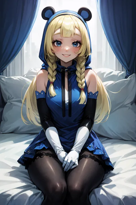 anime girl in blue dress sitting on bed with white sheets