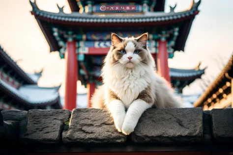 araffe cat sitting on a wall in front of a building