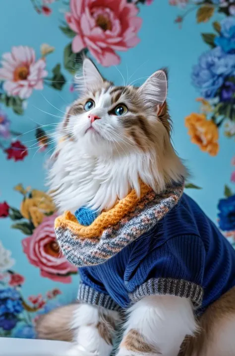 arafly dressed cat sitting on a table with a blue floral wallpaper