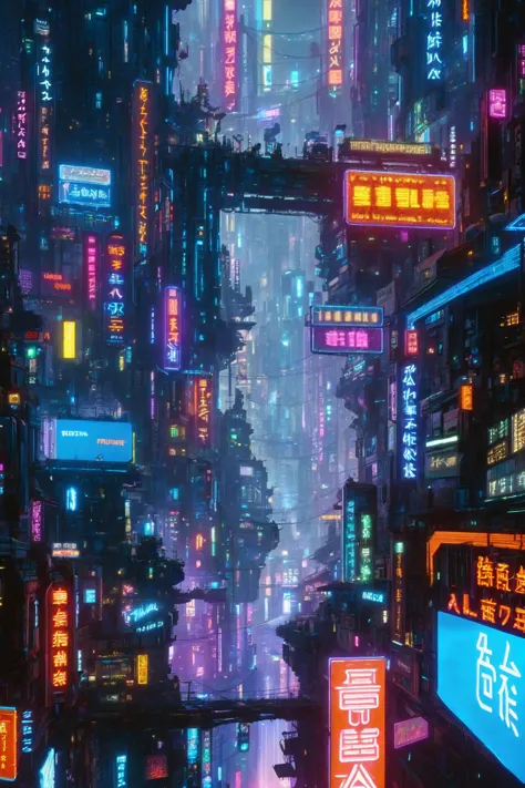 a close up of a city with neon lights and a lot of buildings