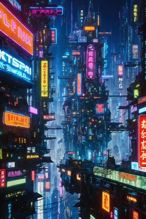 skyline of a sprawling city on a junkworld, cyberpunk, night, neon signs, spotlights, hologram,<lora:EnvyJunkworldXL01:0.8>  <lo...