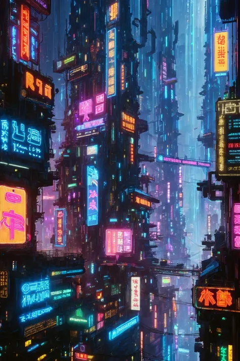 horizonte de uma cidade em expansão em um mundo de lixo, Ciberpunk, noite, Placas de neon, holofotes, holograma,diversos cyberpukai (obra de arte:1.2), melhor qualidade, (hiperdetalhado, mais detalhado:1.2), texturas de alta resolução, 