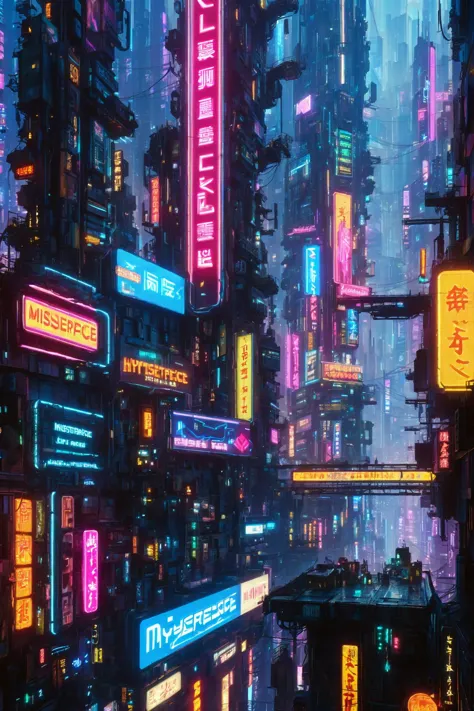 a close up of a city with neon signs and buildings